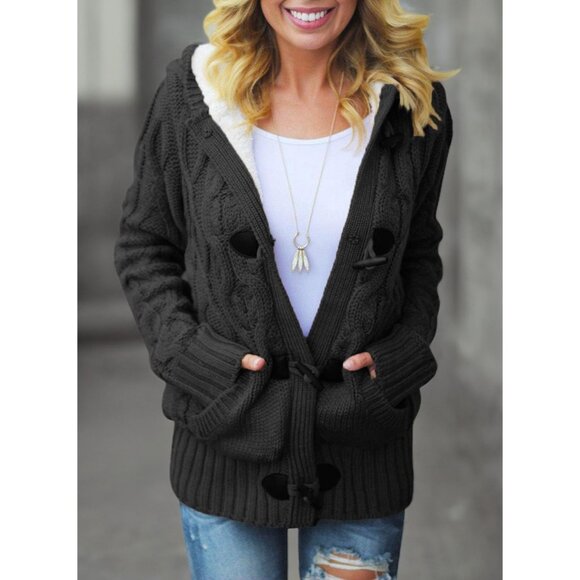Women's Hooded Cable Knit Cardigans Winter Coat with Pockets Plus Size - Picture 6 of 6